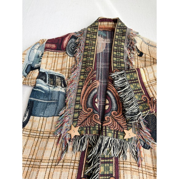 vtg antique car pattern woven tapestry blanket jacket coat - Picture 3 of 6